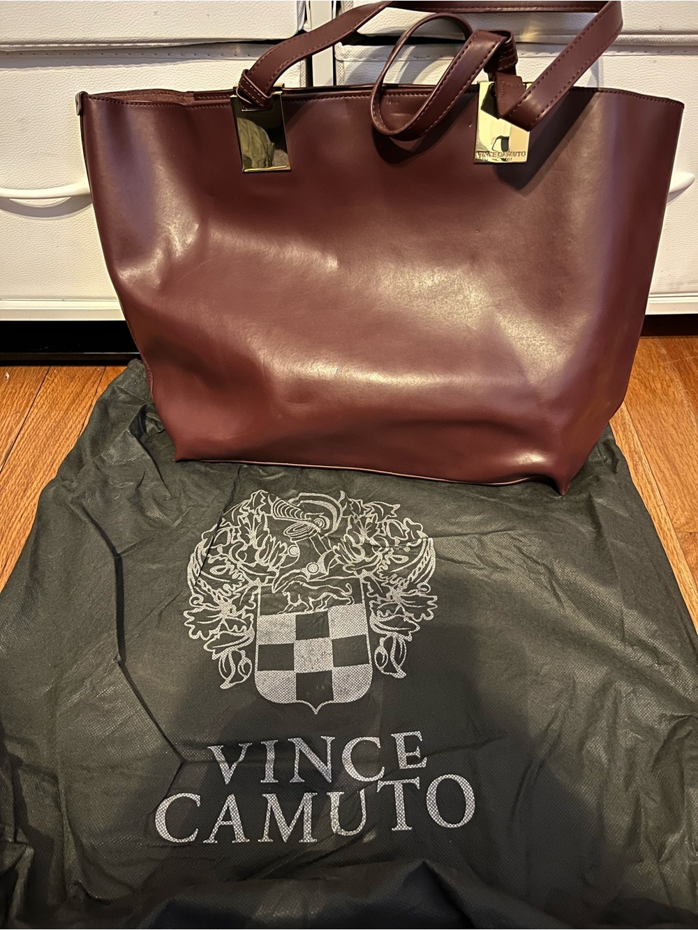Vince Camuto Deep Wine Leather Tote with Gold Accents
